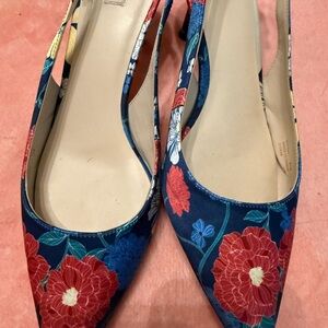 Cole Haan Blue and Red sling backs with Floral Accents